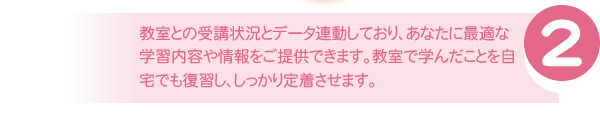 2.教室との受講状況とデータ連動しており、あなたに最適な学習内容や情報をご提供できます。教室で学んだことを自宅でも復習し、しっかり定着させます。