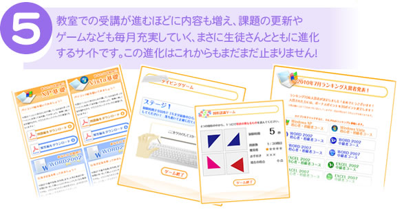 5.教室での受講が進むほどに内容も増え、課題の更新やゲームなども毎月充実していく、まさに生徒さんとともに進化するサイトです。この進化はこれからもまだまだ止まりません！